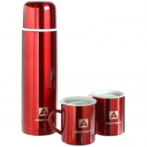 Набор: термос классический, цветной (для напитков) 1000 мл + 2 кружки невакуумные 300 мл, тм "Арктик